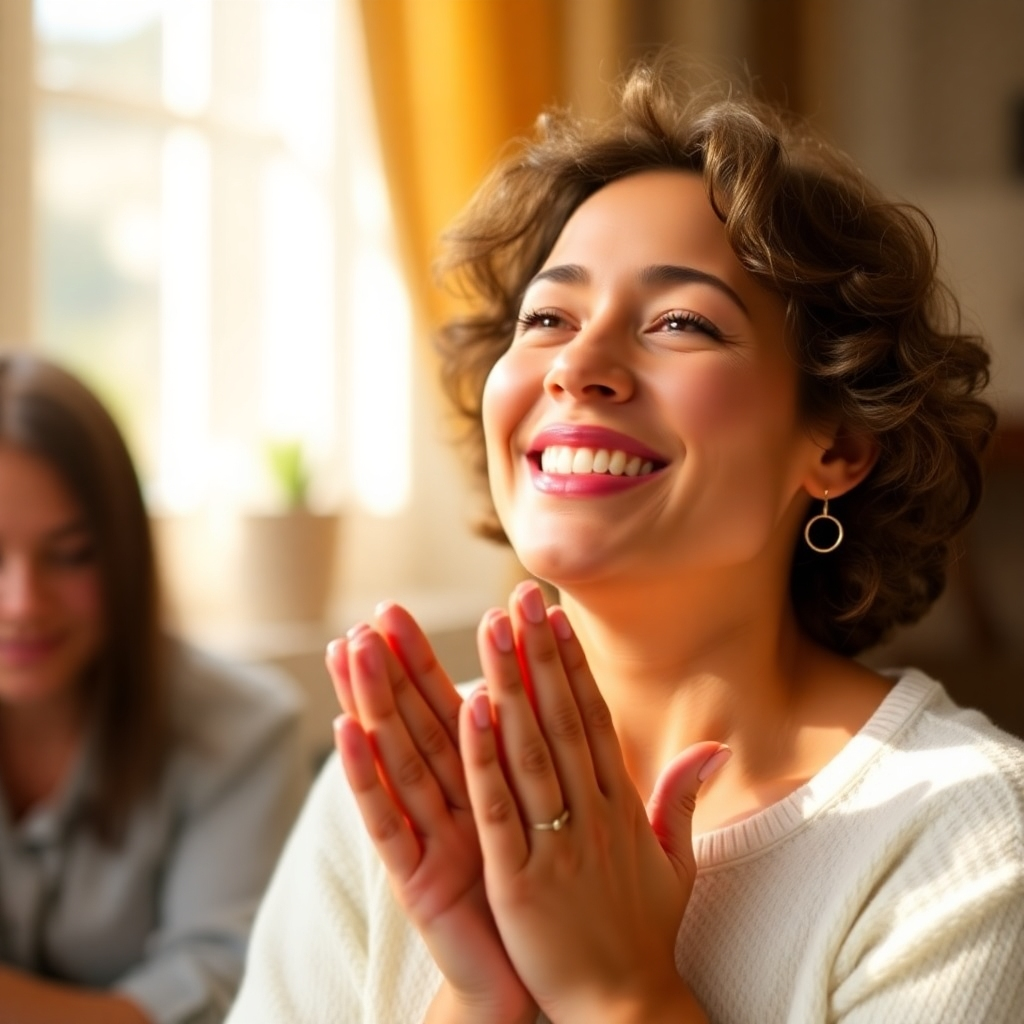 A warm, inviting image depicting a person expressing gratitude for their financial well-being. Use a natural light source and a calm, peaceful color palette.