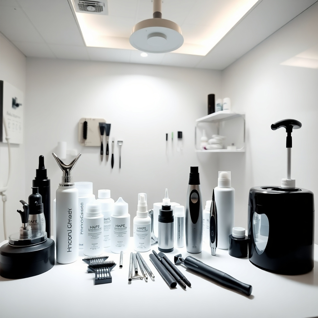 A well-lit image showcasing a variety of non-surgical hair restoration tools and products. The image should depict a clean, clinical setting, creating a professional look. The overall mood should inspire hope and confidence, emphasizing the accessible and effective nature of non-surgical treatments.