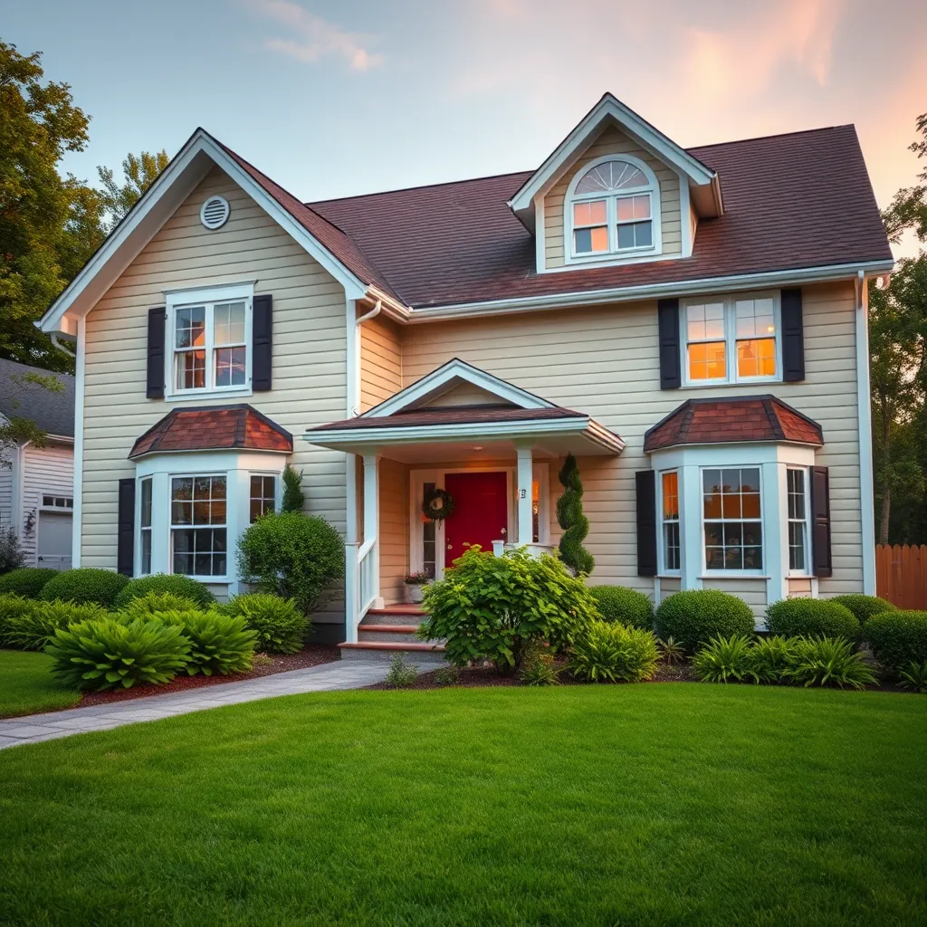 A wide-angle photo of a residential home with a freshly cleaned exterior, showcasing the bright colors of the siding, windows, and roof. The home should be surrounded by lush green landscaping and a well-maintained lawn, and the image should capture the overall aesthetic appeal of the property.