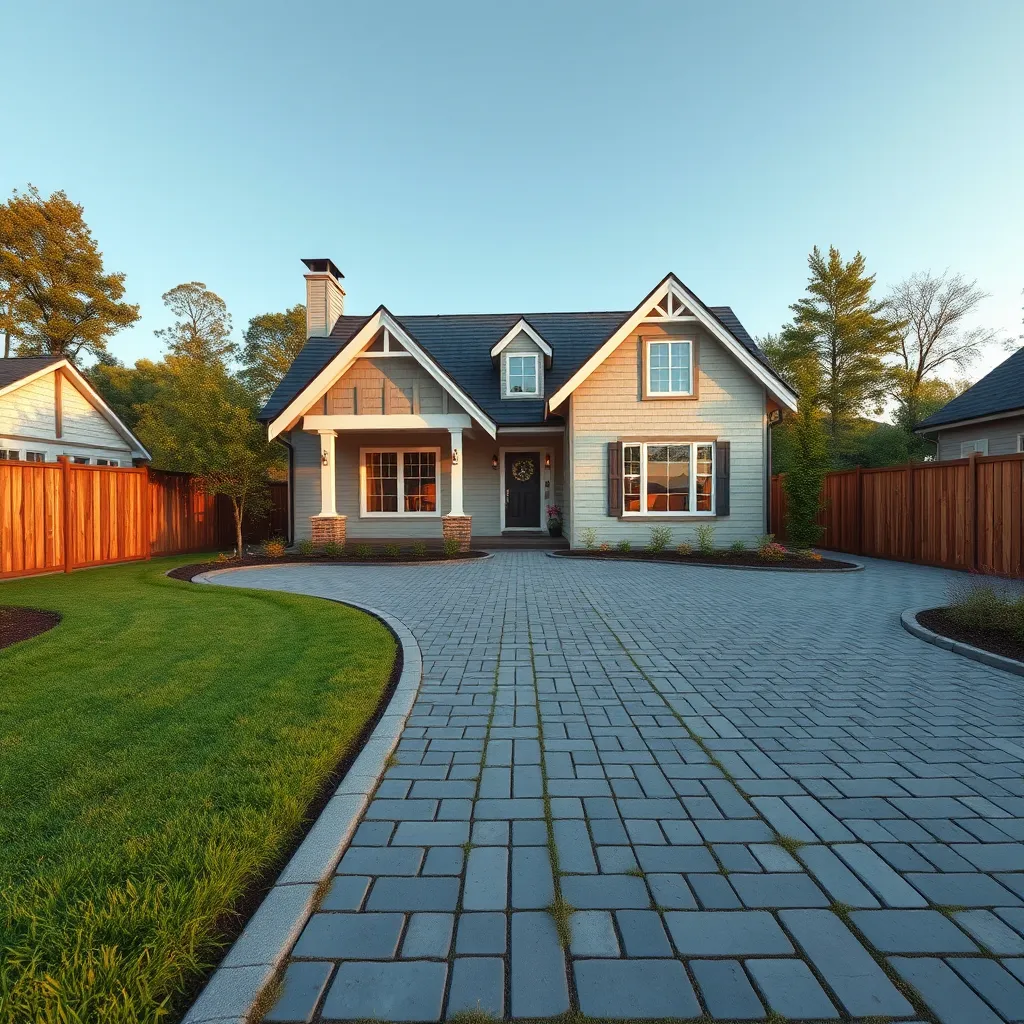 A wide-angle photorealistic image of a charming house with a newly paved driveway, a well-maintained lawn, and a stylish wooden fence surrounding the property. The image should capture the positive impact of landscaping and construction services on the overall aesthetic appeal and value of a property.