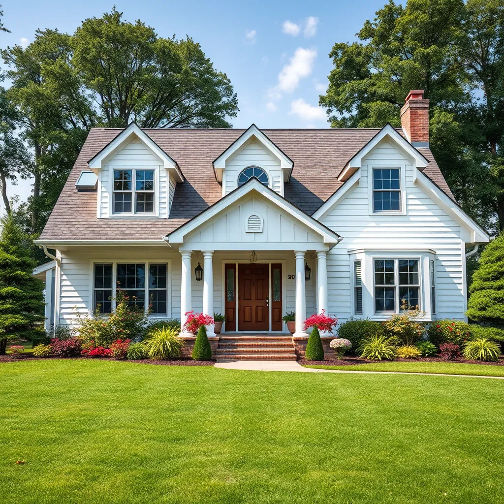 A wide-angle shot of a beautiful house with freshly washed siding, roof, and windows. The house is surrounded by a manicured lawn and vibrant landscaping, emphasizing the enhanced curb appeal achieved through soft washing. The image captures the feeling of a welcoming and well-maintained home.