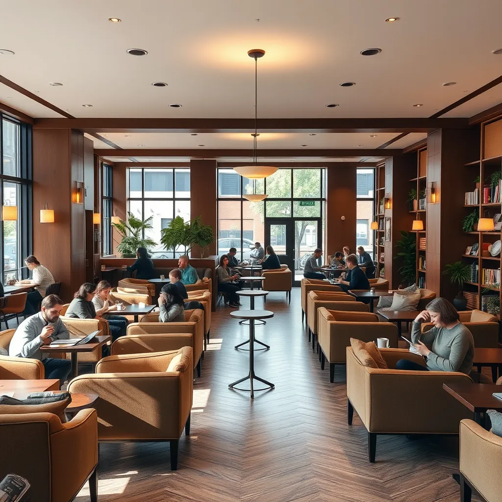 A wide-angle shot of a coffee shop interior,  with comfortable armchairs and tables scattered throughout,  filled with people reading, chatting, and working.  The image should feature warm,  natural lighting,  soft colors,  and a sense of tranquility.