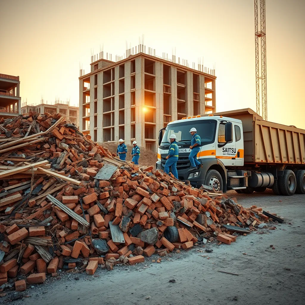 A wide-angle shot of a construction site, with a partially built building in the background. The foreground is dominated by a large pile of construction debris, including bricks, wood scraps, and metal debris.  A team of SAITS4U Junk Removal workers, wearing bright blue uniforms and safety gear, are loading the debris into a company-branded truck.  The truck is large and robust, designed for hauling heavy loads.  The scene is bathed in the golden light of the setting sun, casting long shadows across the site. The image should have a raw, industrial aesthetic, with a focus on the texture and details of the debris. Render in a photorealistic style with a vibrant color palette that highlights the contrast between the debris and the clean, modern truck. The image should exude a sense of professionalism, efficiency, and environmental responsibility. Capture the scene in ultra-high resolution (8K) with hyperrealistic detail.