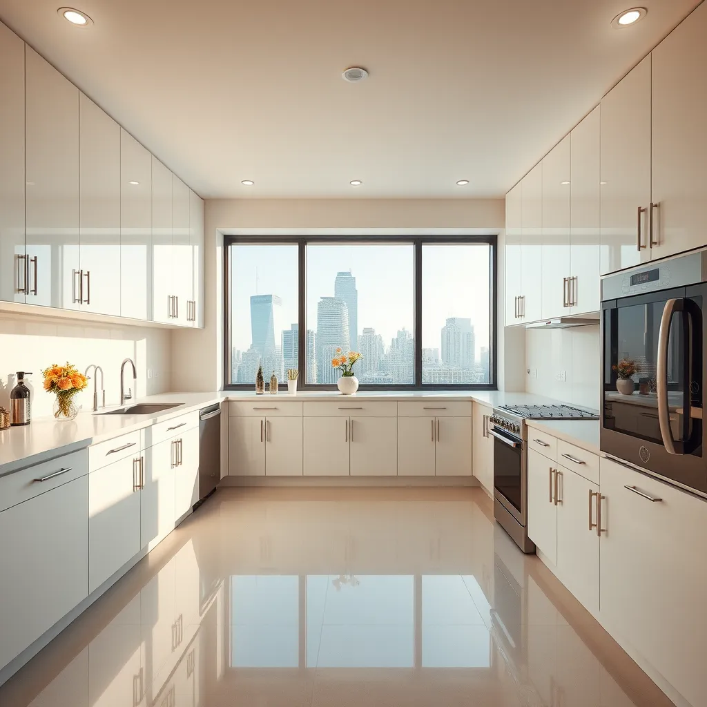A wide-angle shot of a fully furnished kitchen, capturing the entire space from a low-angle perspective. The kitchen is spotless, with every surface shining under soft overhead lighting. Appliances are sparkling clean, cabinets are dust-free, and the floor is polished and devoid of any dirt or grime.  The countertops are organized with a few stylish kitchen essentials and a vase of fresh flowers. The background features a large window with a view of a cityscape, allowing natural light to flood the room. The image should focus on the cleanliness of the kitchen, showcasing the meticulous attention to detail in the cleaning process. The composition should be dynamic, with the appliances and countertops taking center stage, and the cityscape providing a sense of perspective. The mood should be welcoming and clean, highlighting the efficiency and thoroughness of the move-in/out cleaning service.