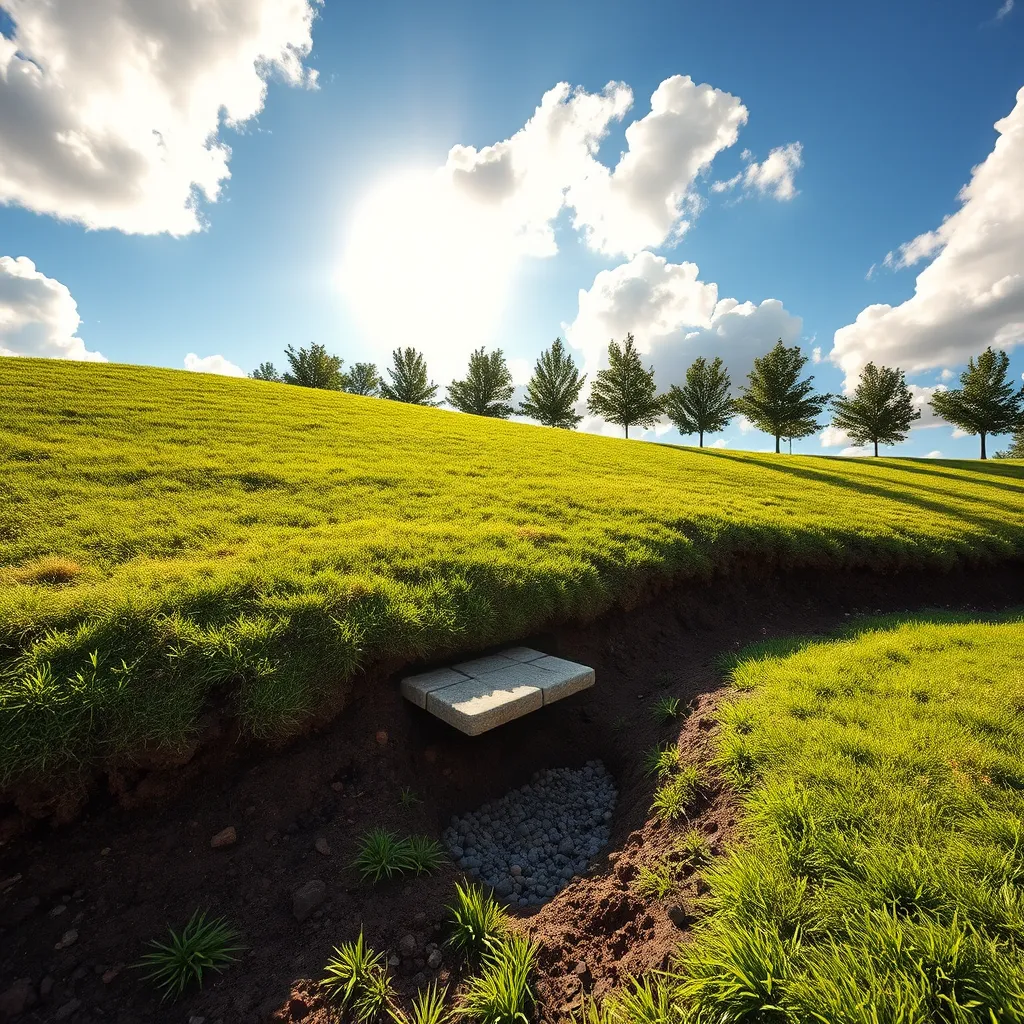 A wide-angle shot of a newly graded and landscaped hillside with a lush green lawn. The focus is on a strategically placed French drain with exposed gravel and a decorative stone cover. The sun casts long shadows across the scene, creating a warm and inviting atmosphere. The sky is a vibrant blue with fluffy clouds, adding depth and dimension to the image. The image should be in a photorealistic style, with intricate details of the soil, grass, and stones, in 8K resolution. The lighting is soft and natural, highlighting the beauty of the landscaping. The scene is framed by a row of mature trees on the far side of the hill, adding a sense of scale and serenity to the image.