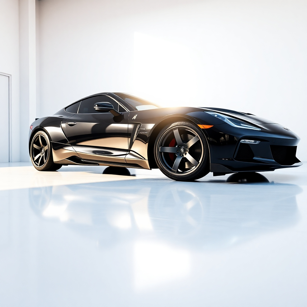 A wide-angle shot of a sleek, black sports car parked on a pristine white concrete floor.  The car is freshly detailed, with a high-gloss shine.  The sunlight is reflecting off the paint, creating a dramatic interplay of light and shadow. The car's chrome accents are gleaming, and the tires are clean and polished. The background is a minimalist, modern garage with white walls. The image should be in a cinematic style with vibrant colors and a sense of depth. Render in 8K resolution with hyperrealistic detail, emphasizing the gloss and reflectivity of the car's exterior.  Capture the interplay of light and shadow on the car's surfaces to highlight its contours and curves.