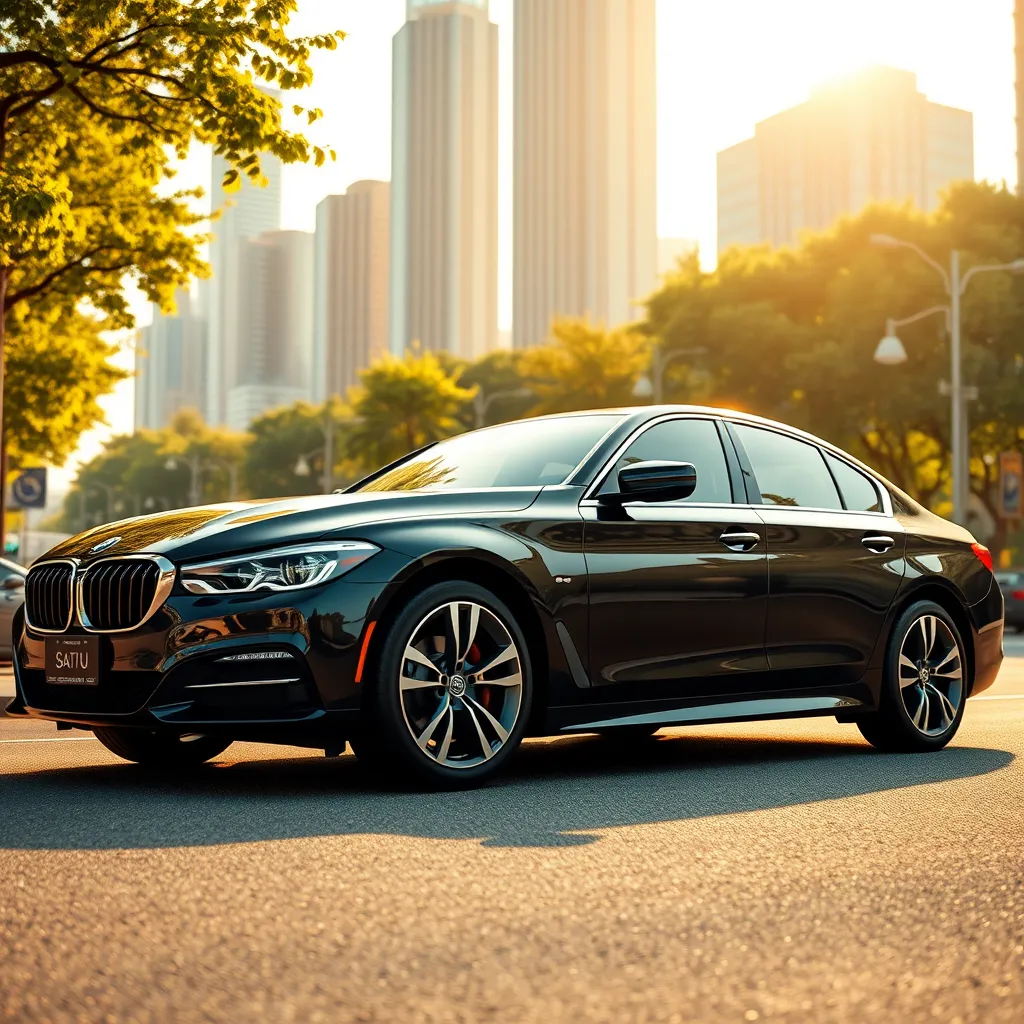 A wide-angle shot of a sleek, black sedan parked on a sunny, tree-lined street. The car has just undergone a comprehensive exterior detailing, and its paint shines with a deep, glossy finish. The sun casts a warm, golden glow on the car's surface, highlighting the smooth curves and lines. The camera angle is slightly elevated, capturing the car's full body, showcasing the meticulous detailing from every angle. The background is a vibrant, cityscape with towering skyscrapers, creating a sense of grandeur and sophistication. The image is rendered in an ultra-realistic style, emphasizing the intricate details of the car's paint, the smooth reflection of the surrounding environment, and the vibrant colors of the cityscape. The overall mood is one of luxury, sophistication, and pride in ownership, reflecting the meticulous care provided by SAITS4U Mobile Car Detailing.