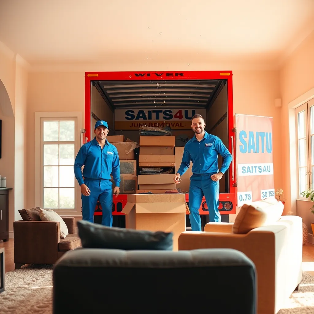 A wide-angle shot of a spacious living room with a warm, inviting atmosphere. The room is filled with sunlight streaming through large windows, illuminating dust particles dancing in the air. In the center, a team of two SAITS4U Junk Removal workers, wearing bright blue uniforms and smiling, are loading a variety of items into a branded truck. These items include a worn-out couch, a stack of old boxes, and a bulky armchair. The truck is bright red, with the company logo prominently displayed. The walls are painted in a soft, calming shade of beige, and the furniture is a mix of modern and traditional pieces.  The image evokes a sense of cleanliness and organization, highlighting the positive impact of junk removal. Render in a photorealistic style with vibrant colors and a natural depth of field. The image should exude a positive and uplifting mood, reflecting the satisfaction of a clutter-free home.  Focus on the details, such as the texture of the furniture, the reflective surfaces of the windows, and the dust particles in the air. Render the scene in ultra-high resolution (8K) with hyperrealistic detail.