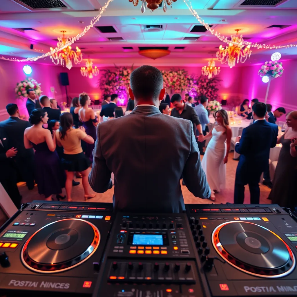 A wide-angle shot of a wedding reception, focusing on the DJ booth. The DJ, wearing a stylish suit, is mixing music with a professional setup, including turntables, a mixer, and a microphone. The dance floor is filled with guests, dressed in elegant attire, dancing and enjoying the music. Soft warm lighting creates a romantic ambiance, with spotlights on the dance floor. The background features a beautifully decorated venue with floral arrangements, elegant table settings, and fairy lights. The image should convey a sense of joy, celebration, and intimacy, capturing the vibrant energy of a wedding reception. The style should resemble a professional wedding photographer's work, with vibrant colors and a high-quality, hyperrealistic finish. Capture the details of the DJ equipment, the guests' attire, and the venue's decor with exceptional clarity.