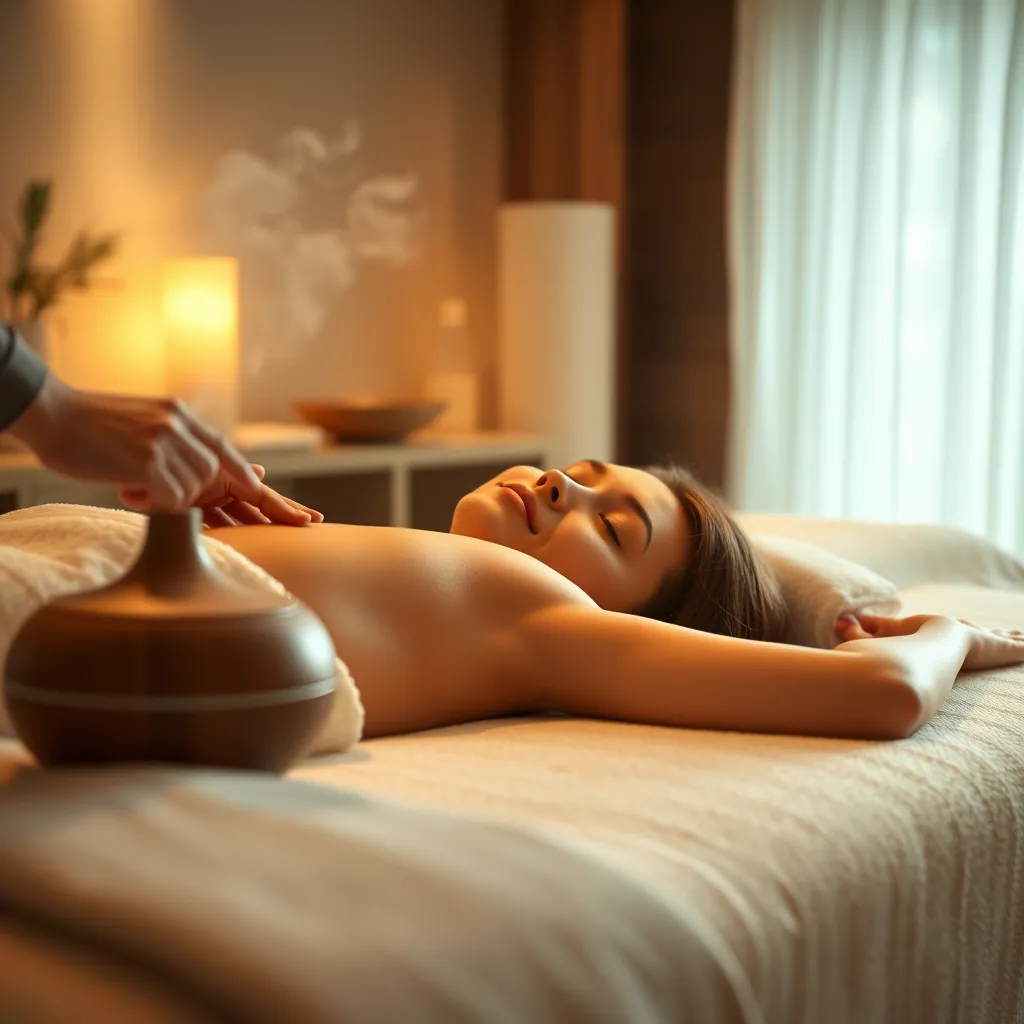 A wide-angle shot of a woman lying on a massage table, receiving an aromatherapy massage in a luxurious spa setting. The room is filled with soft, diffused light, creating a warm and inviting atmosphere. Capture the woman's peaceful expression as she enjoys the massage, with gentle steam rising from a nearby diffuser, diffusing calming essential oils. The therapist's hands are gliding over the woman's body, with a focus on the gentle and soothing nature of the aromatherapy massage. The image should evoke a sense of serenity and tranquility, with a focus on the calming effects of aromatherapy. Render in high-resolution, emphasizing the lush textures of the spa environment, the soft glow of the lighting, and the subtle details of the aromatherapy massage experience.