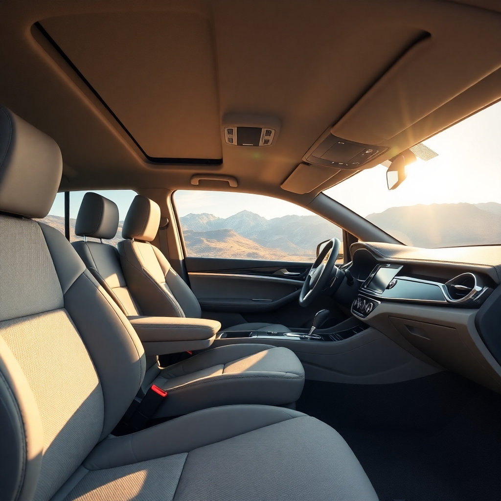 A wide shot of a car's interior with clean and spotless seats, a dust-free dashboard, and a pristine carpet. The image should convey a sense of spaciousness and freshness, with natural sunlight streaming through the windows.  The car should be parked in a scenic location with a backdrop of mountains.