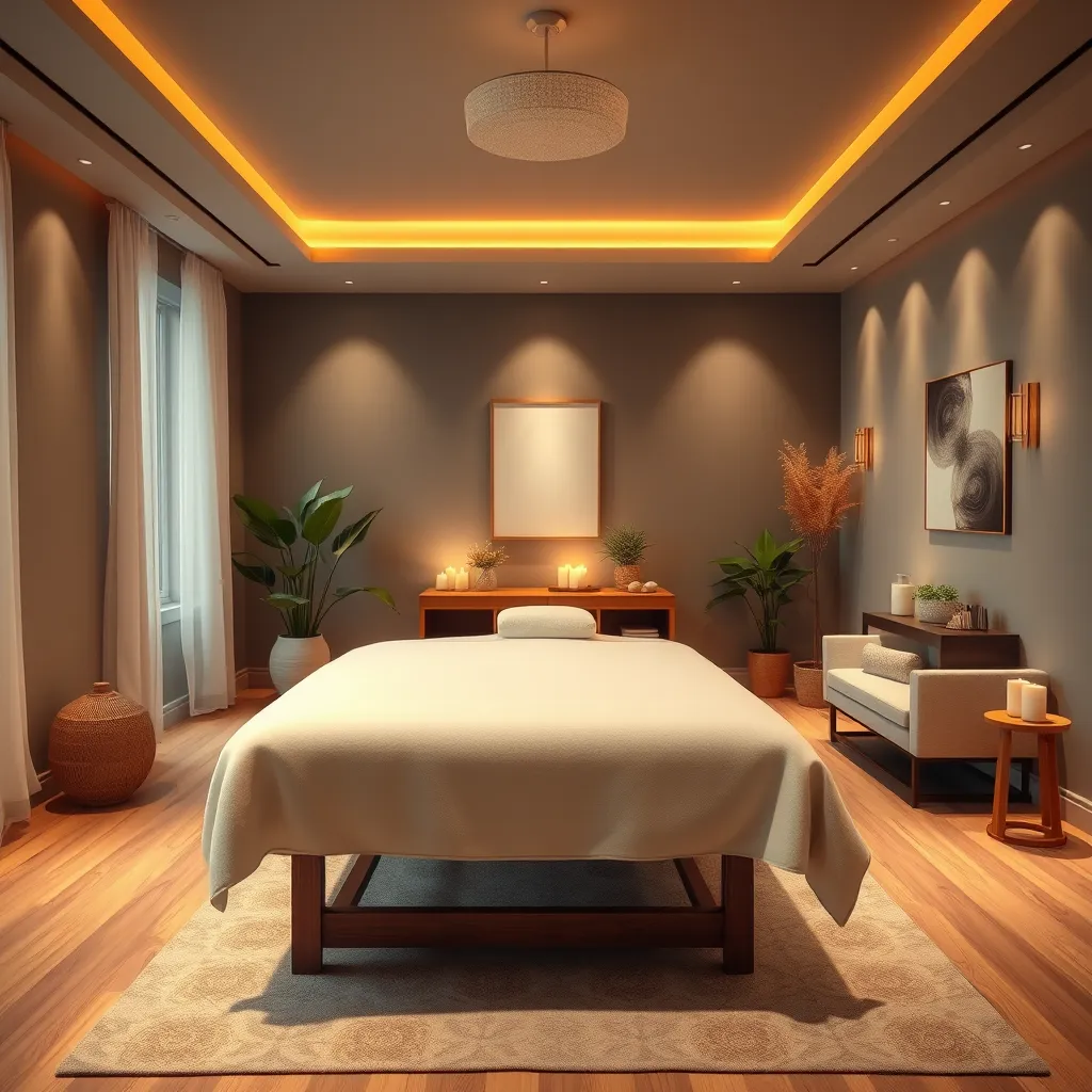 A wide shot of a massage room with soft lighting, calming colors, and natural elements like plants and candles. The room should have a massage table with clean white linens, a diffuser with essential oils, and a comfortable seating area for the client to relax before and after the massage.