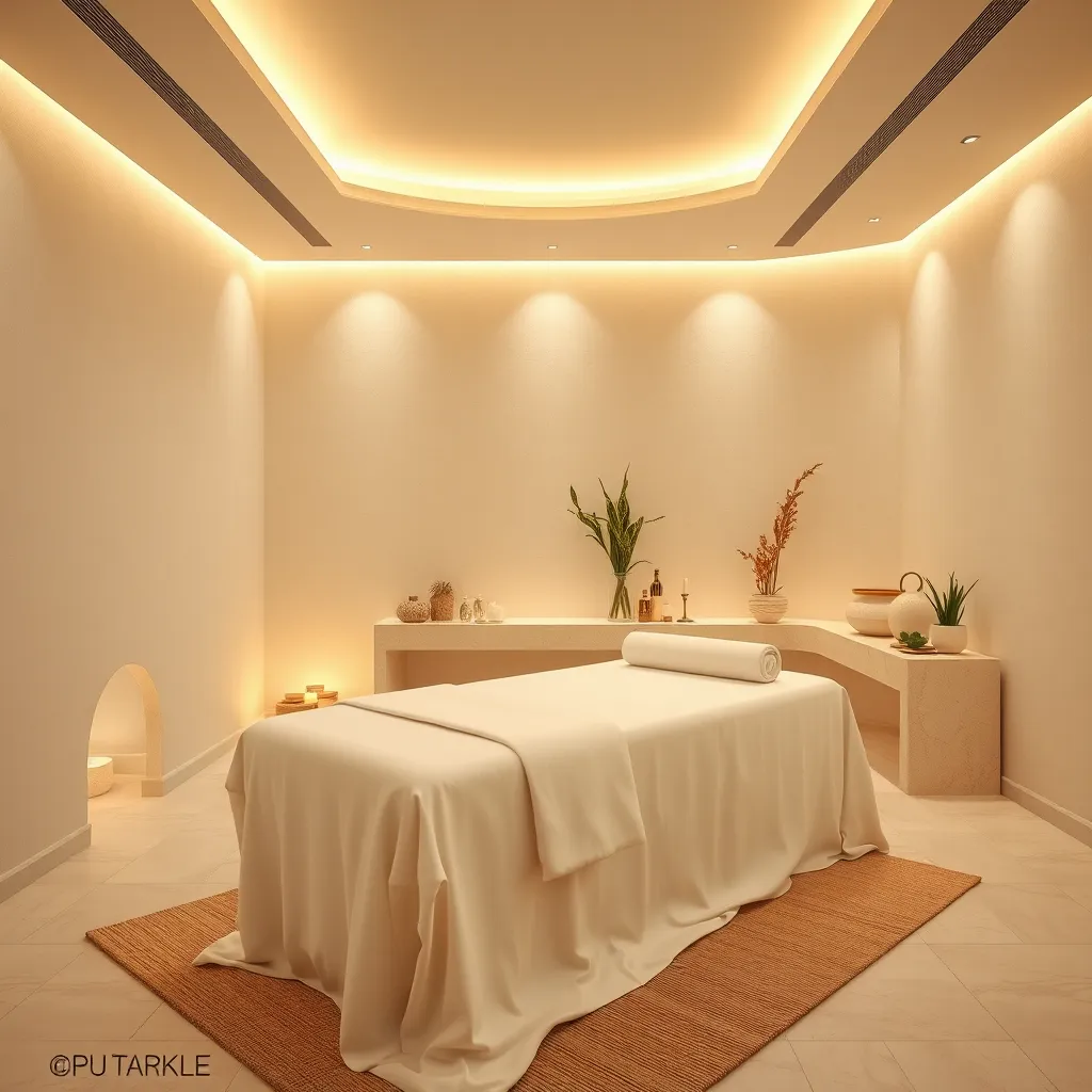 A wide shot of a spa room, featuring a massage table draped in white linen, soft lighting, calming aromatherapy scents, and natural elements like plants or stones. The room has a minimalist design, creating a peaceful and inviting atmosphere.