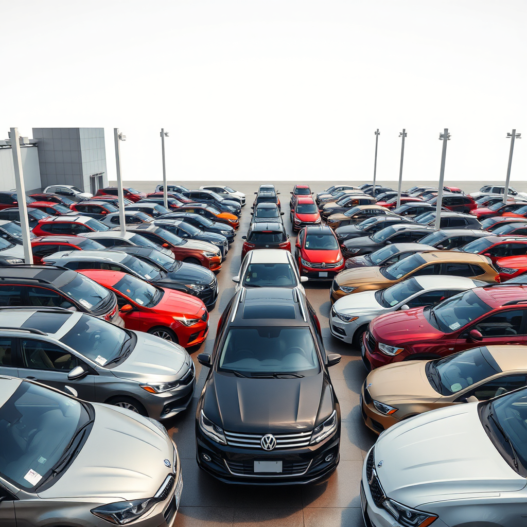 A wide shot showcasing a diverse selection of used vehicles in a well-organized car lot. The vehicles should be of various makes, models, and colors. Use a bright and welcoming lighting to create an inviting atmosphere. Style: Diverse and accessible. Technical specs: 4K resolution, high quality.