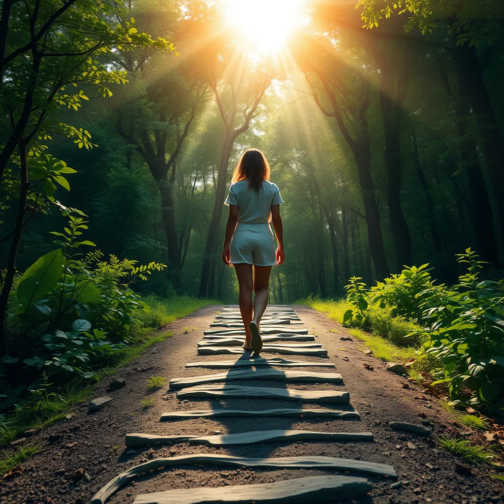 A woman is standing on a path leading upward, representing her journey of personal growth and self-discovery. The background features a lush forest, symbolizing the potential for growth and transformation. Sunlight streams through the trees, illuminating the woman's path.