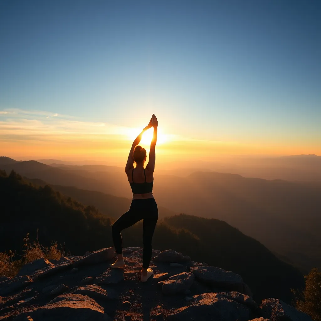 A woman practicing yoga on a scenic mountaintop overlooking a breathtaking sunrise, showcasing the connection between nature, movement, and inner peace, a feeling of serenity and mindfulness radiating from the subject as she connects with her breath and surroundings.