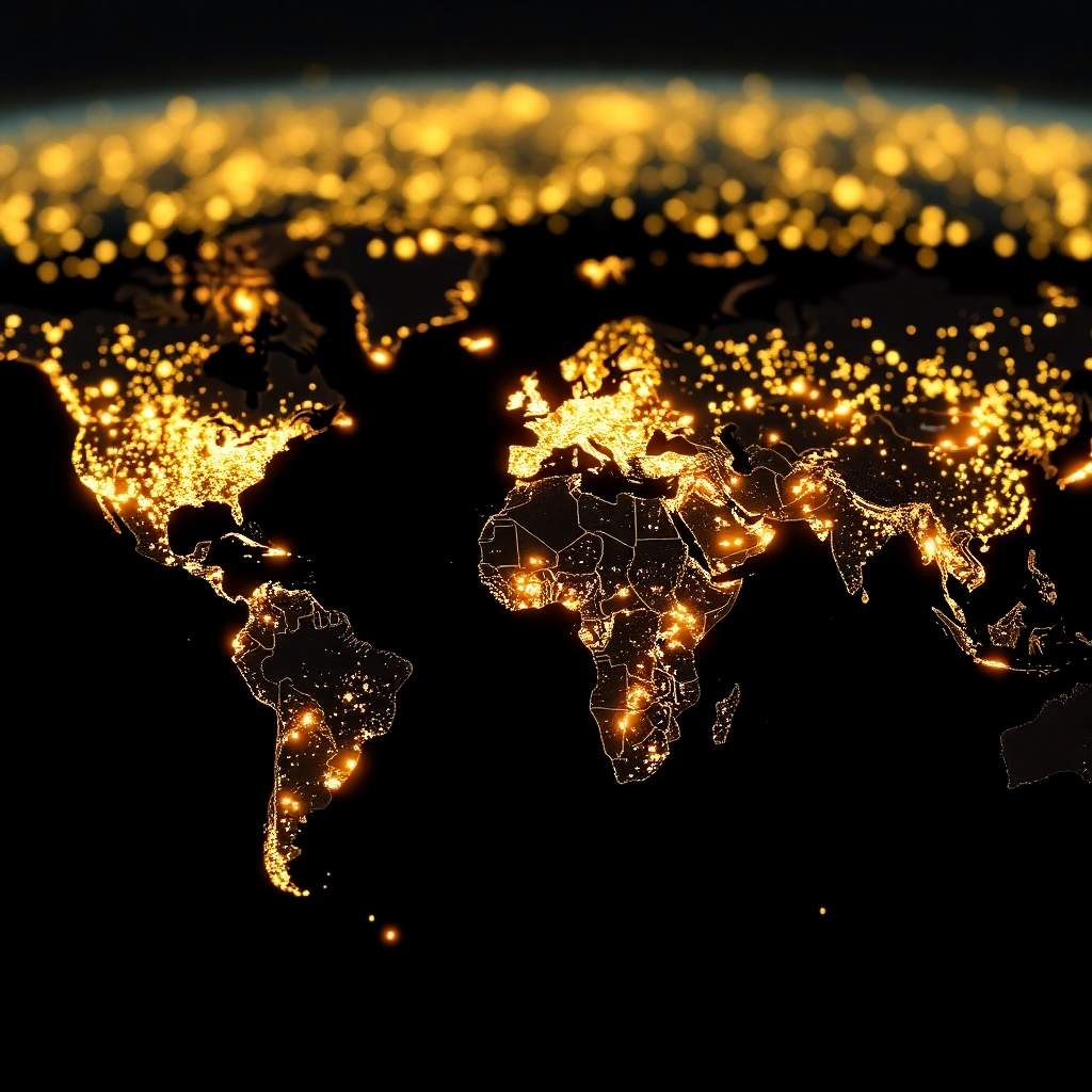 A world map with glowing points of light highlighting locations where Artistly users are active, showcasing its global reach. The visual style should be a blend of photorealism and data visualization, emphasizing a sense of vastness and interconnectedness.