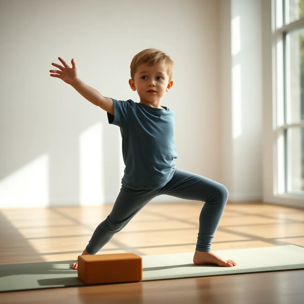 A young child, around 7 years old, is gracefully performing a yoga pose, like a downward dog or a warrior pose, with focus and concentration in a yoga studio. The studio is bright and airy with natural light streaming in. There is a yoga mat with calming colours and a yoga block on the mat.