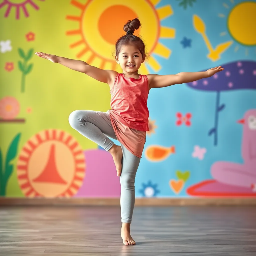 A young girl, around 7 years old, is balancing gracefully on one leg, holding a tree pose with a serene expression.  She is wearing comfortable yoga clothes in bright colors, and the background features a colorful mural with playful yoga-themed designs. The image radiates a sense of calm and focused strength.