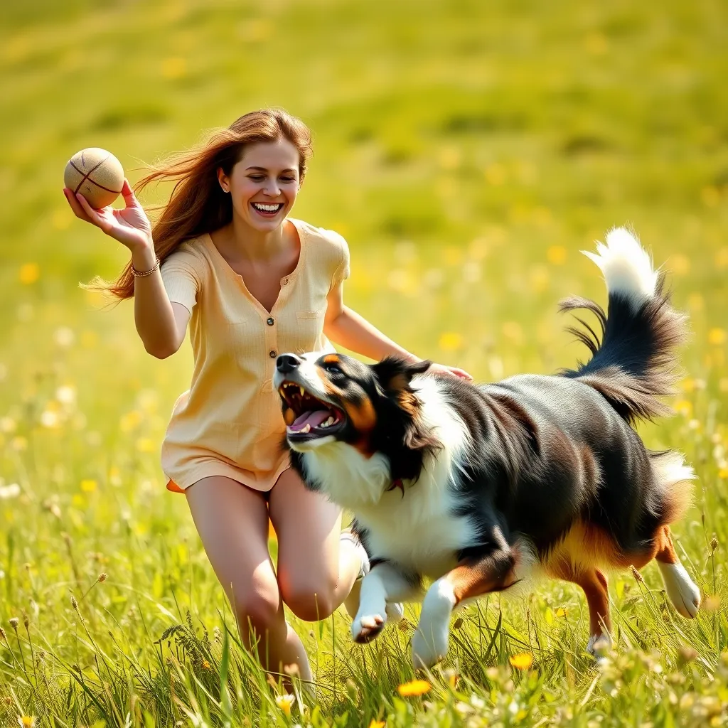 A young woman playing fetch with her energetic Border Collie in a sunny field. The dog is happily running after a ball, with the woman smiling and laughing as she throws it. The background is a bright, green meadow with wildflowers.