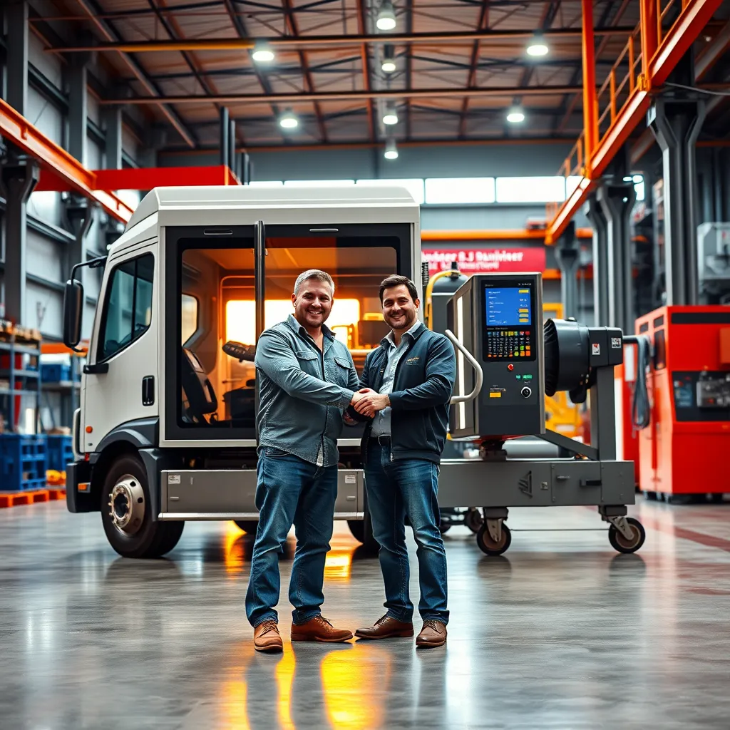An 8K resolution, hyperrealistic image of a small business owner standing proudly in front of a newly acquired piece of equipment, with a SAITS4U Business Lending representative standing beside them, shaking hands. The equipment should be relevant to the business type, such as a delivery truck, a high-tech manufacturing machine, or a state-of-the-art computer system. The scene should take place in a well-lit, modern warehouse or factory setting, with vibrant colors and textures representing the energy and innovation of the business. The lighting should be warm and inviting, highlighting the details of the equipment and the proud expressions on the faces of the individuals. The composition should be dynamic, with the equipment and the individuals positioned in a way that draws the viewer's attention to the partnership and the positive impact of the financing. The image should convey a sense of accomplishment and success, emphasizing the role of SAITS4U in helping businesses acquire the tools they need to thrive.