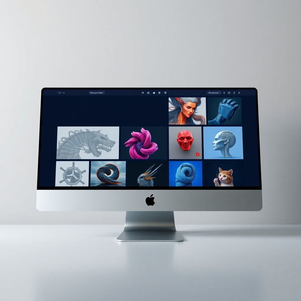 An 8K resolution, hyperrealistic image depicting a sleek, modern website showcasing a diverse range of digital art pieces.  The website is viewed from a slightly elevated angle, emphasizing a clean, minimalist design.  Soft, diffused lighting creates a calm and professional atmosphere. The color palette is sophisticated and muted, with deep blues, grays, and pops of vibrant color from the artwork. The artwork itself is varied, showcasing different styles such as intricate line art, vibrant digital paintings, and photorealistic 3D renders.  Each piece is meticulously detailed, showcasing textures and material qualities. The background is a subtle gradient of soft gray, allowing the artwork to stand out. The overall mood is confident and professional, reflecting the high quality of the art.  The image is in the style of a high-end website design showcasing creative work, emphasizing clean lines and sharp details.  The website is displayed on a high-end iMac, subtly reflecting the ambient lighting.