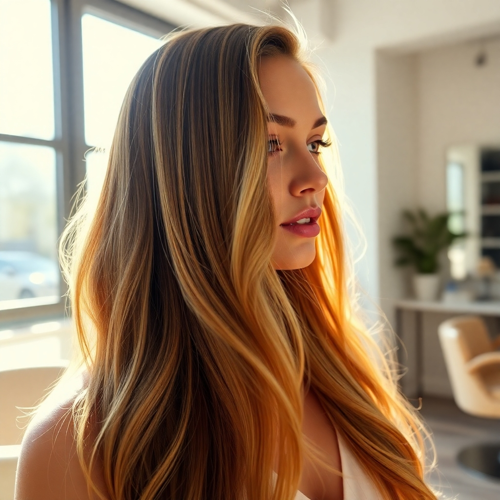 An 8K resolution, hyperrealistic image of a woman with long, light brown hair showcasing a stunning balayage. The lighting is soft and natural, mimicking outdoor sunlight streaming through a large window.  The color palette is warm and inviting, featuring a blend of honey blonde, light brown, and caramel highlights, creating a natural, sun-kissed effect. The camera angle is slightly below eye level, emphasizing the dimension and movement of the hair. The hair texture is smooth, with individual strands clearly visible. The background features a chic, modern salon interior with white walls and minimalist decor. The overall mood is luxurious and radiant. The style draws inspiration from the work of top fashion photographers known for their ability to capture natural beauty.  The focus is sharply on the hair's subtle color variations and its movement, with a shallow depth of field to enhance the dreamy atmosphere.  The image should exude elegance and sophistication.