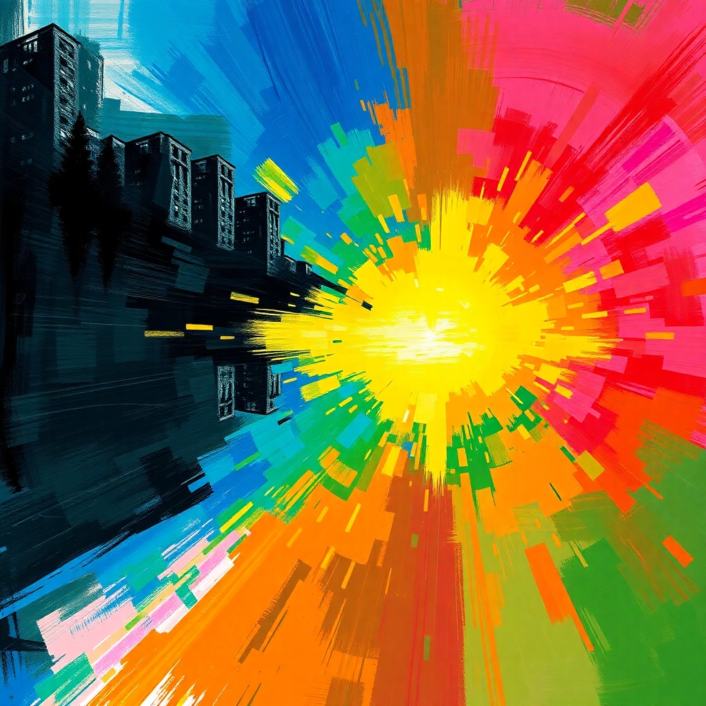 An abstract image using bright, bold colors representing overcoming past financial struggles.  It could depict a dark past fading into a vibrant, hopeful future, using a combination of photographic and painterly techniques.