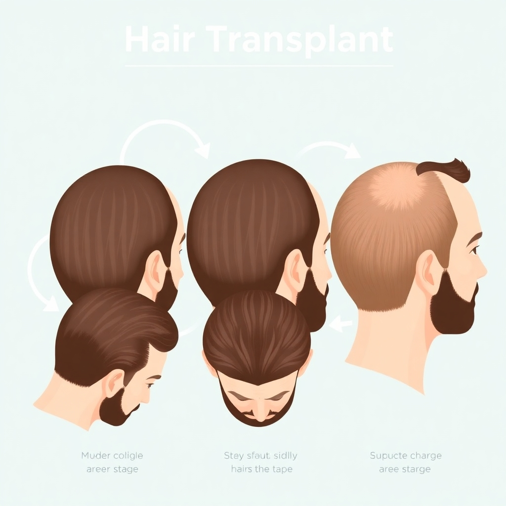 An illustrated, high-quality image showing the various steps of a hair transplant procedure. Use clear visuals to depict each stage, and consider using arrows and labels to enhance clarity and understanding.   The overall style should be medical-grade, maintaining clarity and precision, while being visually appealing. The color palette should be calming and professional. The images should be professionally rendered medical illustrations, not photographs.