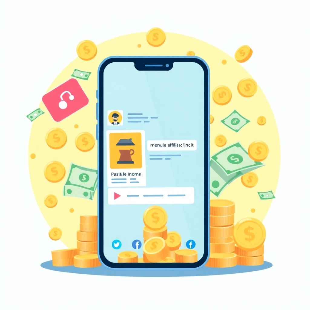 An illustration combining the concept of social media posts and earning potential. Imagine a smartphone screen displaying a product recommendation with an affiliate link. The background shows a cascade of coins and dollar bills emanating from the phone. The style should be modern and clean, with a focus on conveying the idea of passive income. Vibrant colors.