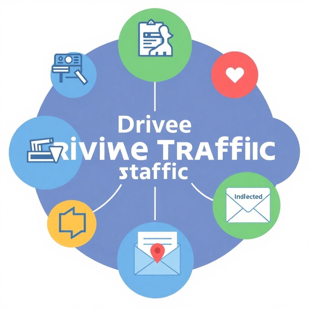 An illustration showing various methods of driving traffic, like SEO, social media marketing, paid advertising, and email marketing. Each method should be represented with a relevant icon and short description, highlighting the multiple routes for driving relevant traffic.