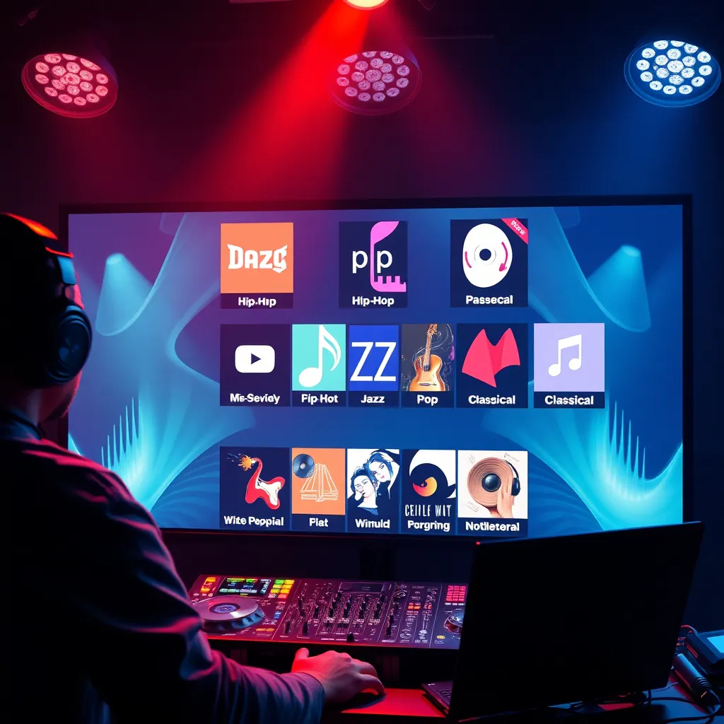 An image depicting a DJ booth with a variety of music genres displayed on a screen, including hip-hop, pop, jazz, and classical. The DJ is wearing headphones and looking focused as they prepare to play a selection of music.