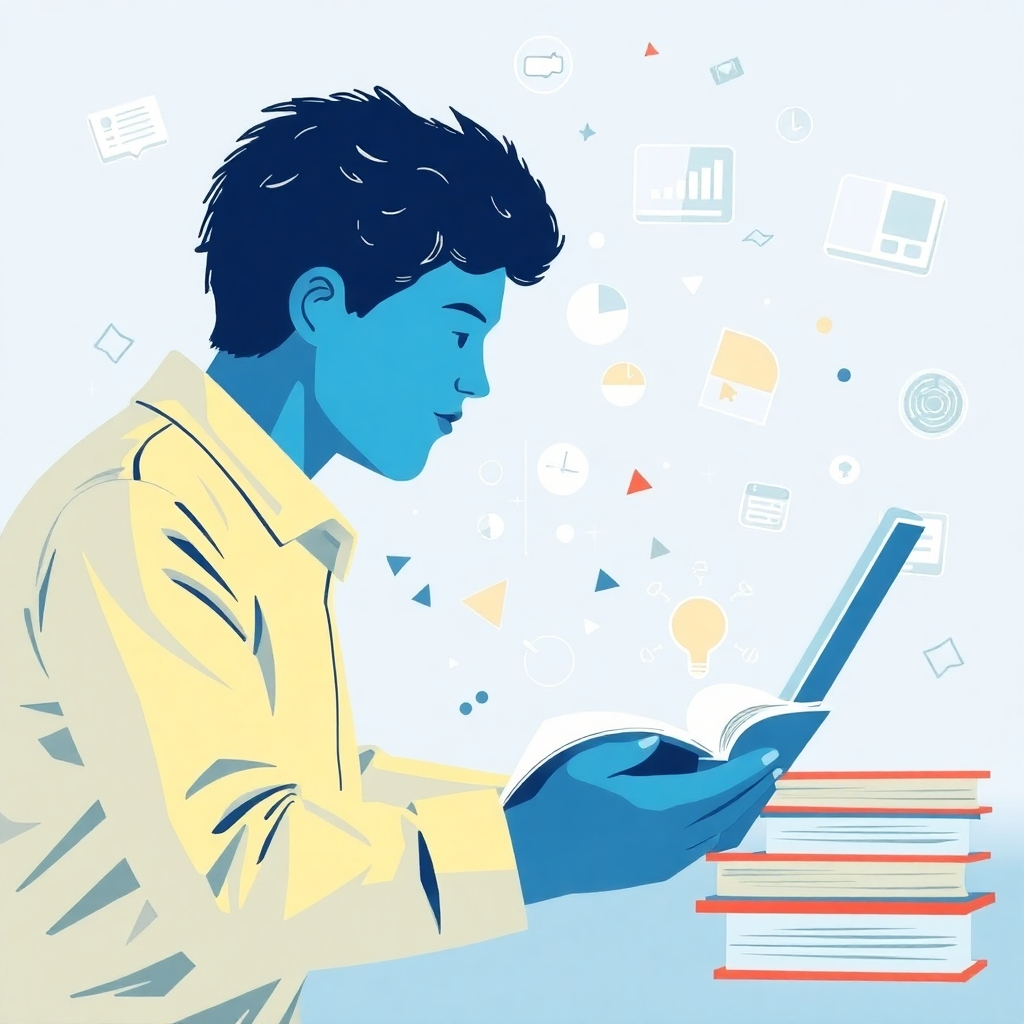 An image depicting a person engaging in online learning, with books and technology blending seamlessly in a visually harmonious manner.