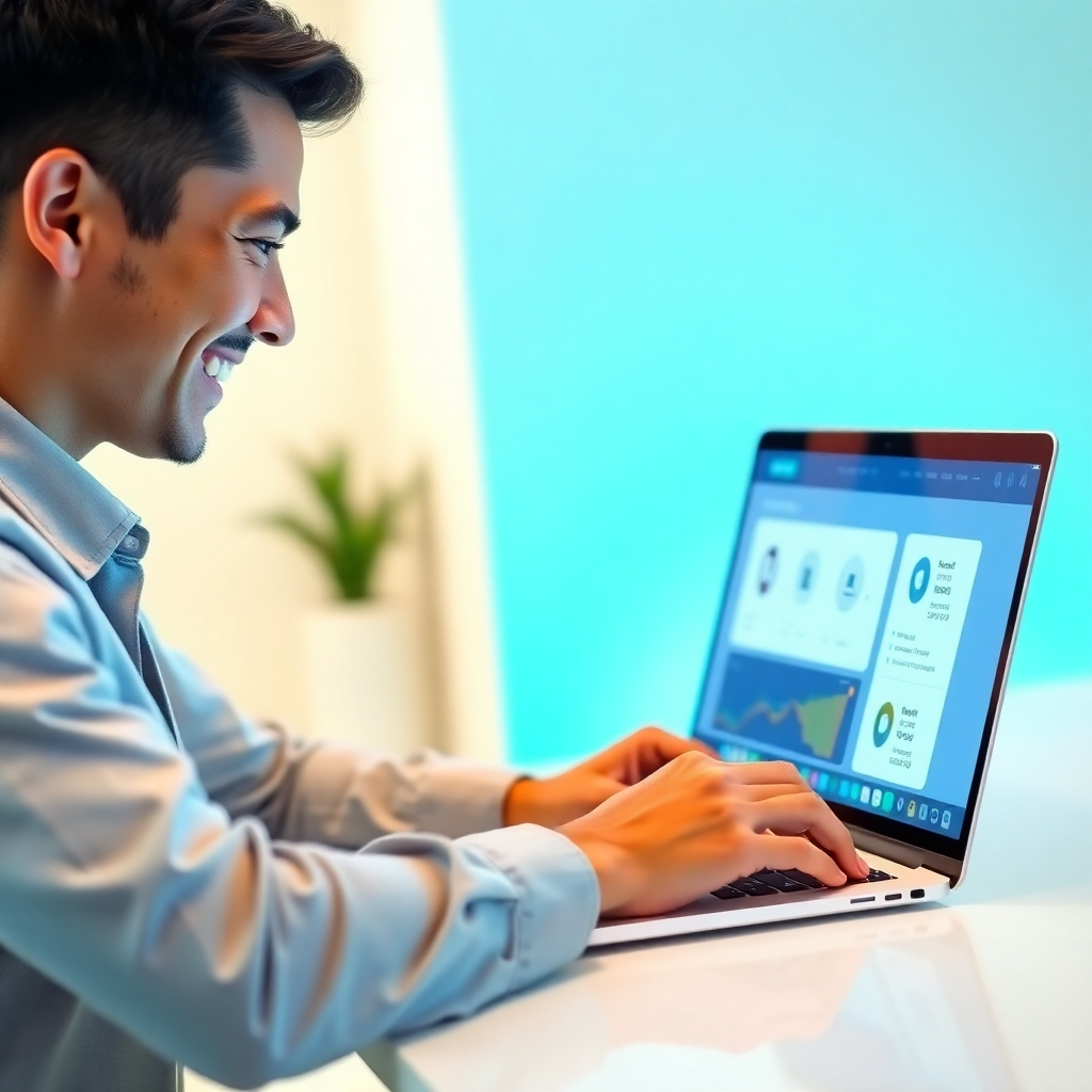 An image depicting a person smiling while effortlessly using a sleek laptop interface showcasing HumanPal software. The scene should be brightly lit, emphasizing user-friendliness, with a modern, minimalist background. The color palette should consist primarily of soothing blues and greens, conveying calm and efficiency.  Photorealistic style with a focus on ease and intuitive design.