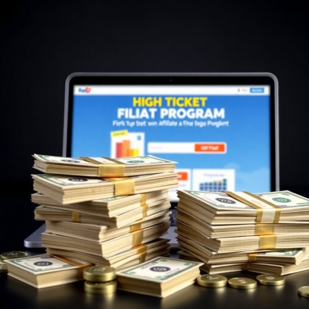An image depicting a stack of cash with a laptop showing a high-ticket affiliate program offer in the background. The style should be aspirational and motivational.