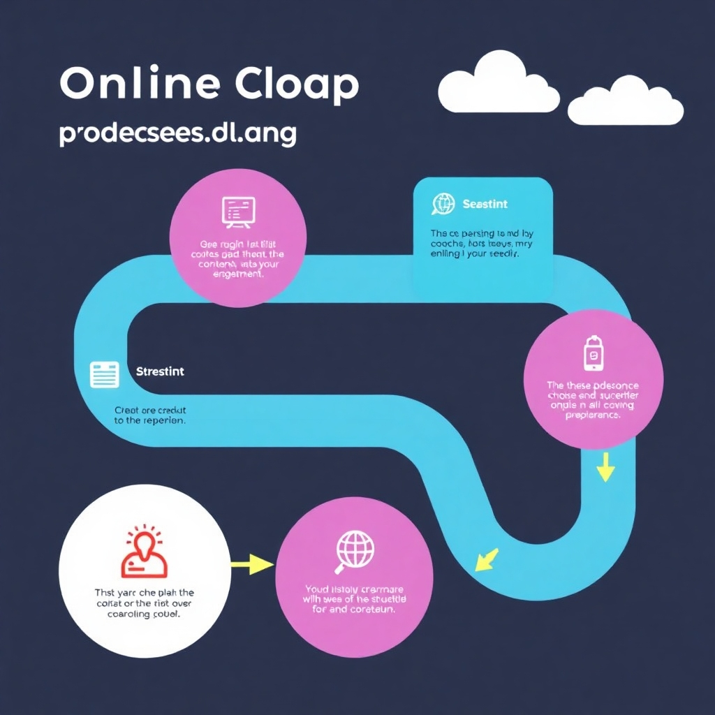 An image depicting a structured roadmap or flowchart, visually representing a step-by-step coaching process. It should incorporate bright, inviting colors, simple icons, and clear visual cues to represent the stages of a successful online coaching program.