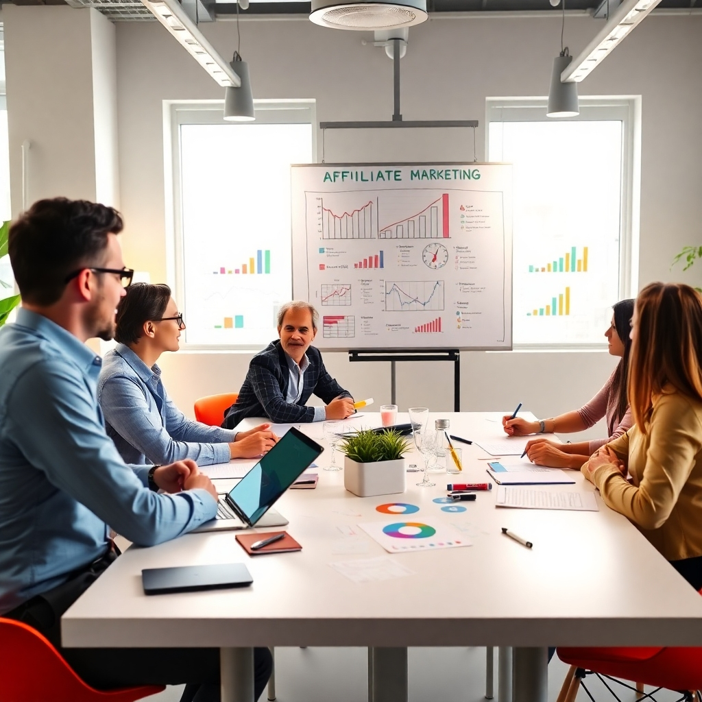 An image depicting a team of experts collaborating around a large table, brainstorming ideas on a whiteboard covered in charts and graphs related to affiliate marketing. The setting should be a modern, bright office space with a positive and collaborative atmosphere. The color palette should be vibrant and energizing.
