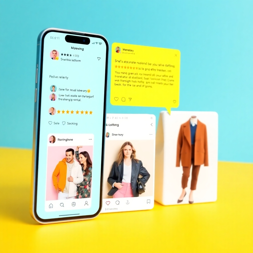 An image depicting an active social media feed showcasing positive customer reviews and stylishly curated images of clothing from the rental platform. The style must be bright and energetic, reflecting the platform's online presence.  The image should showcase high-quality graphics and mobile interface design elements. The lighting should be clean and modern.  The image must be high quality, visually appealing and communicate the platform's online user experience.