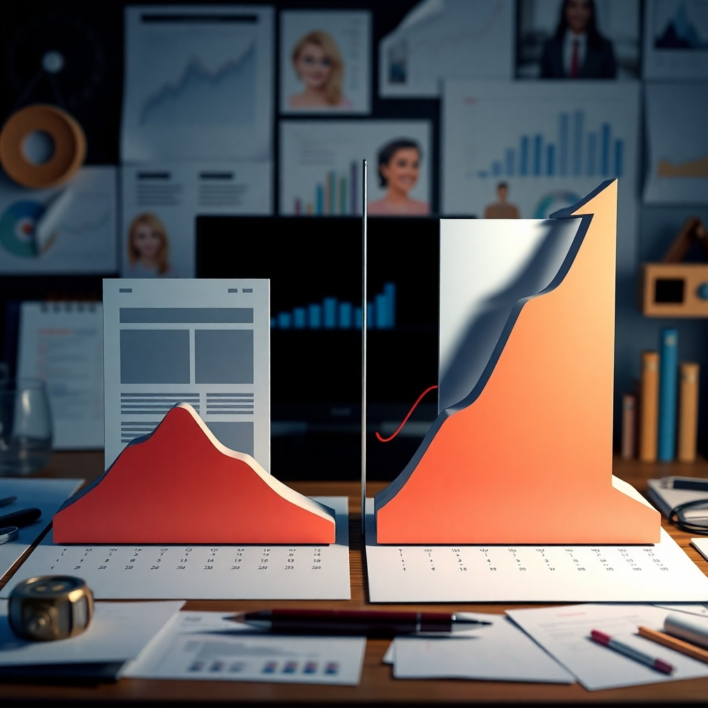 An image depicting two growth charts. One chart shows a website built using a template experiencing limited, plateauing growth. The other showcases a custom-built website experiencing significant, continuous upward growth. The background should include various business-related elements like graphs, charts, and office supplies.