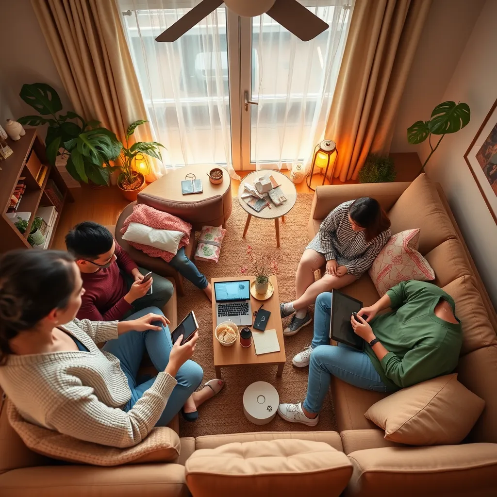 An image in the style of a vintage magazine spread showcasing a diverse group of individuals using social media to promote their home-based businesses. The image is set in a cozy living room with warm lighting and soft textures. The individuals are using various devices, such as laptops, smartphones, and tablets, to create content, interact with followers, and engage in online communities. The image is filled with props that reflect the different home-based businesses, such as handmade jewelry, artisanal food products, and online courses. The camera angle is from a bird's-eye view, looking down on the scene, creating a sense of intimacy and connection. The image should be infused with a sense of warmth, community, and creativity. The overall mood is one of collaboration and shared success. The image should be ultra-detailed with 8K resolution, highlighting the texture of the furniture, the fabrics, and the technology.