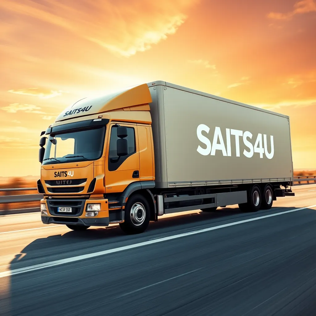 An image of a delivery truck speeding down a highway, with a vibrant, sunny sky above. The truck is clearly branded with the SAITS4U logo, showcasing the company's commitment to timely and efficient delivery. The truck is surrounded by a blur of motion, emphasizing its speed and dynamism. The image conveys a sense of excitement and anticipation, suggesting that the package is on its way to its destination. Capture the image in a dynamic, action-packed style, emphasizing the fast and reliable nature of the delivery service. Render the image in high resolution, with vibrant colors and sharp details, creating a visually engaging and memorable representation of the company's shipping process.