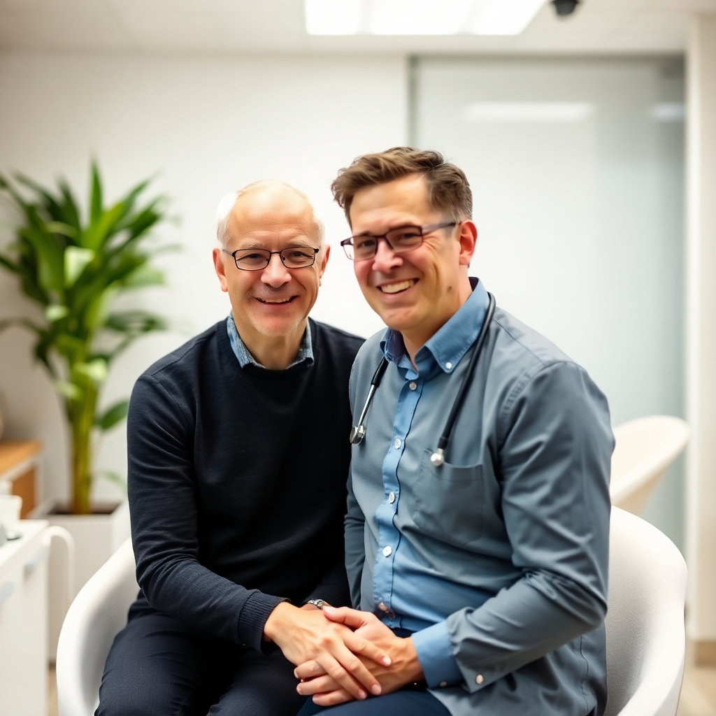 An image of a friendly and professional hair restoration specialist consulting with a patient, with a focus on a warm, empathetic interaction.  The office environment should be modern, clean, and inviting, promoting a sense of trust and expertise.  Use a shallow depth of field to emphasize the connection between the doctor and the patient. The lighting should be soft and natural, to create a calm atmosphere.  The overall tone should be reassuring and supportive.