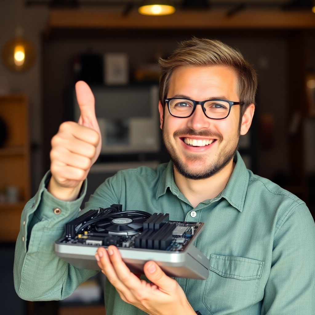 An image of a happy customer holding their repaired computer, with a thumbs up. This must be shot in a warm and inviting light.