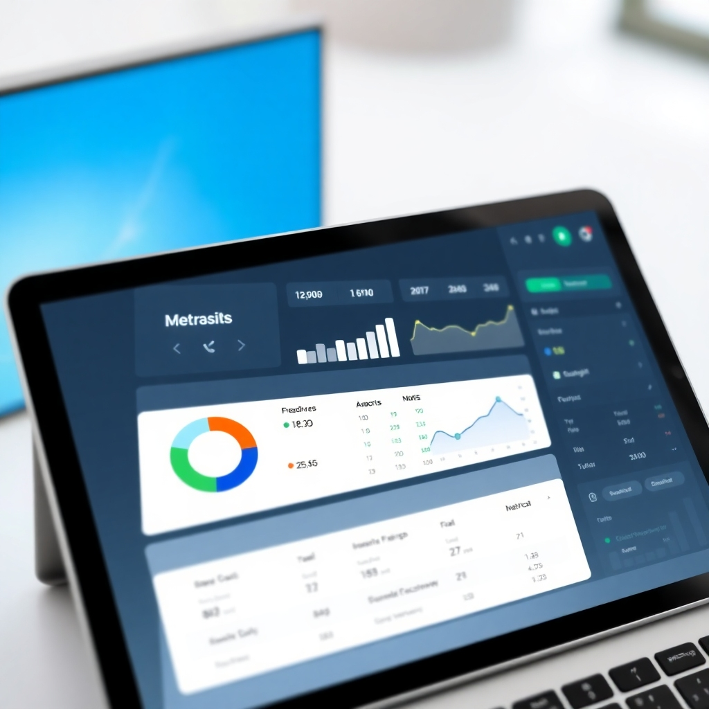 An image of a sleek dashboard on a tablet or computer, displaying clear metrics and visualizing progress towards financial goals. Modern, clean design with dynamic data visualization is key.
