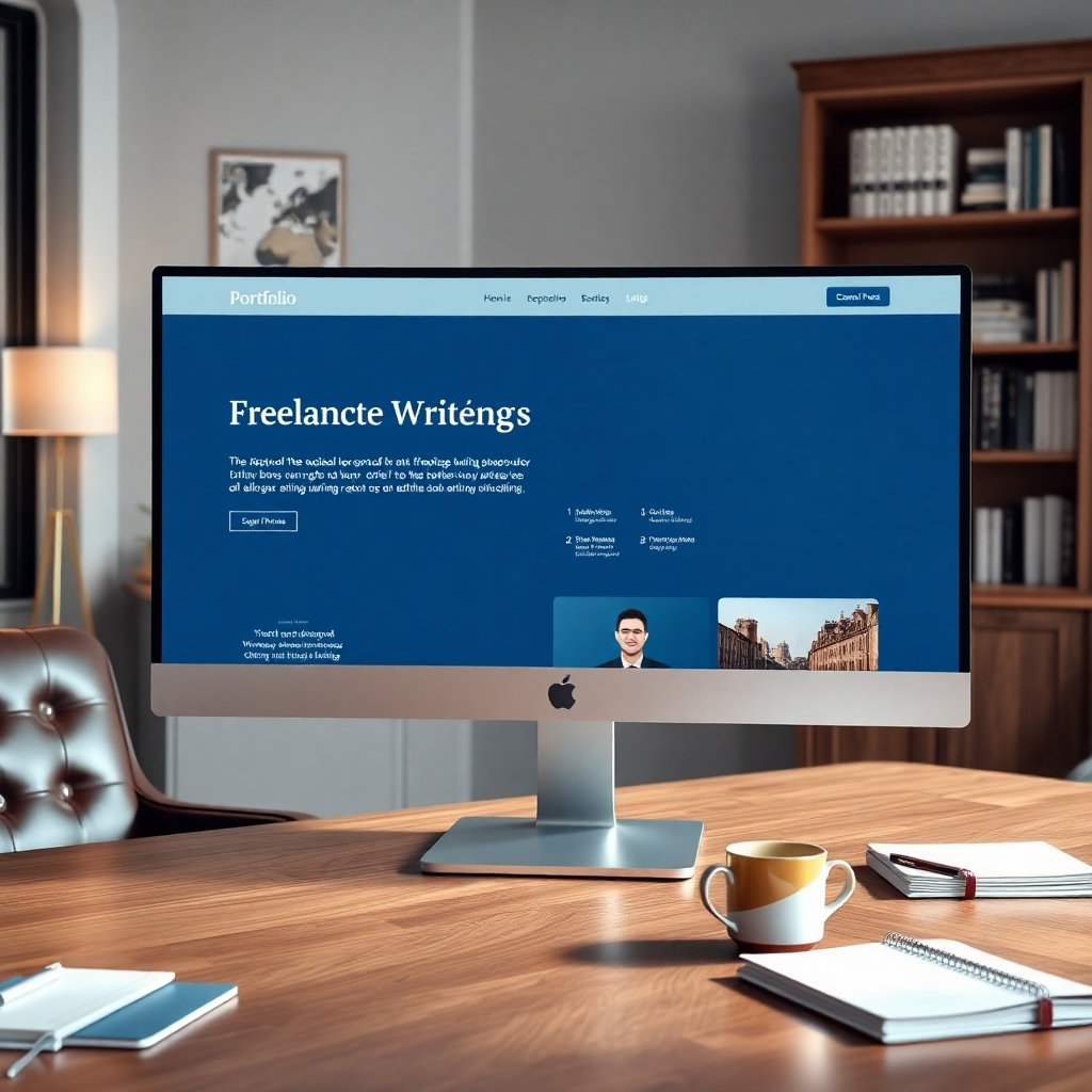 An image rendered in 8K resolution, hyperrealistic style, showing a sophisticated, modern website displayed on a large monitor. The website showcases a beautifully designed portfolio of freelance writing samples.  The color scheme is elegant and professional, using a neutral background with pops of a rich, deep blue. Soft, diffused lighting eliminates harsh shadows, highlighting the clean typography and high-quality visuals. The camera angle is slightly tilted, offering a dynamic perspective. Textures include the smooth glass of the monitor, the subtle grain of the wooden desk, and the crisp texture of the printed materials in the background.  The environment is a stylish home office, subtly featuring luxurious elements like a leather chair and a well-organized workspace. The style should be inspired by minimalist website design, conveying professionalism and elegance. Include details like client testimonials, a professional headshot, and carefully selected writing samples that display variety and expertise.  In the background, subtly include a cup of coffee, a notebook, and a well-organized bookshelf to suggest a focused and successful writing career.  The image should convey professionalism, success, and the attractiveness of a well-presented portfolio.