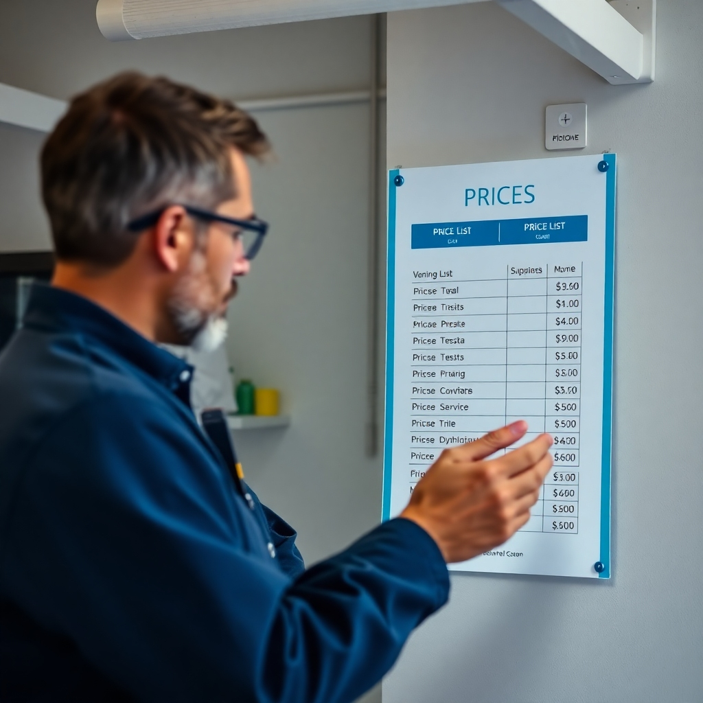 An image showcasing a clear, transparent price list or a technician explaining the costs to a client. This should use soft, inviting lighting and colors.