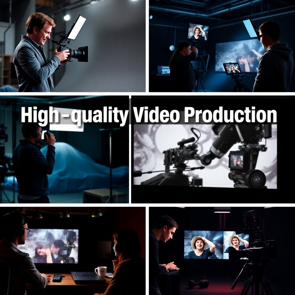An image showcasing various high-quality video production scenes, such as filming, editing, and post-production, showcasing professionalism and high-quality equipment.