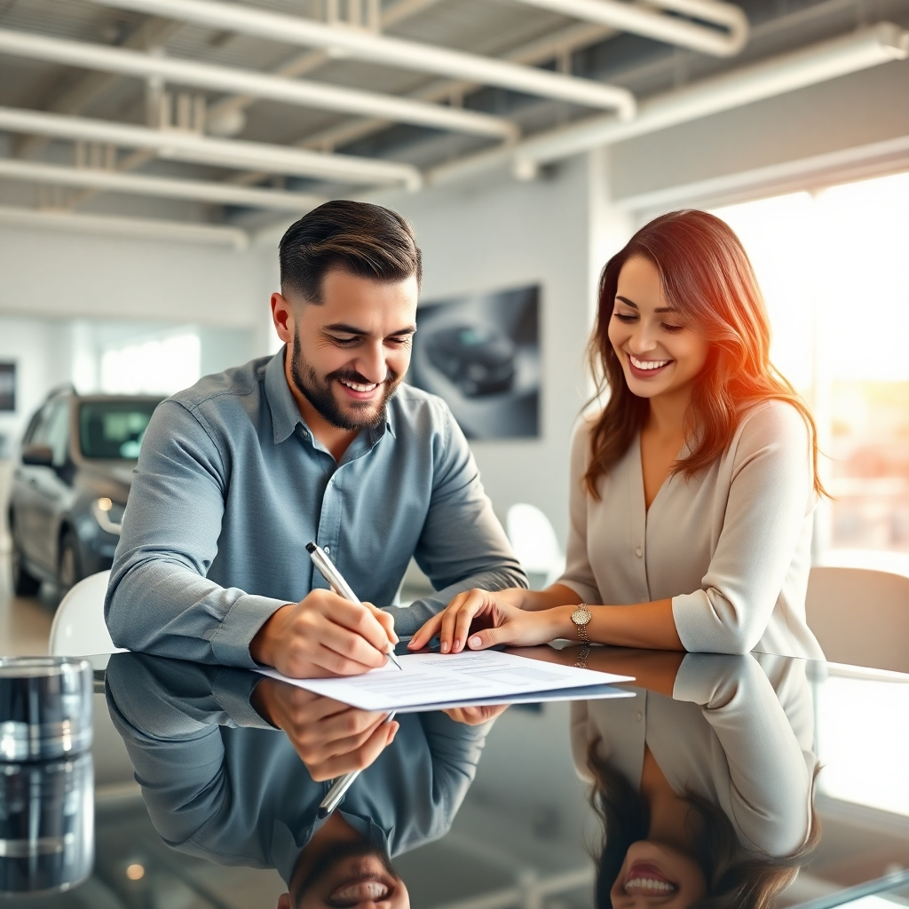 An image showing a happy couple signing paperwork at a dealership, with a new car visible in the background. The office space should be bright and welcoming. The mood should be relaxed, stress-free, and celebratory, suggesting a smooth and positive transaction.