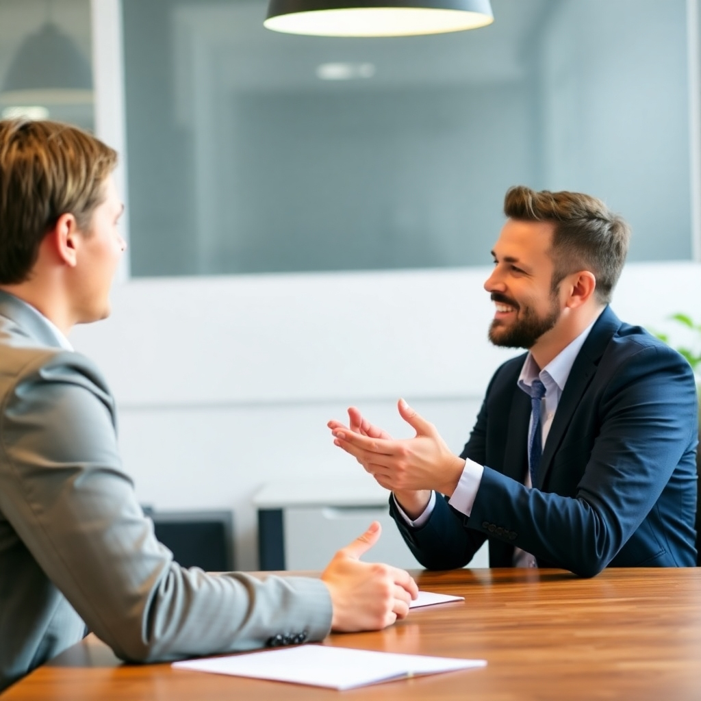 An image showing a performance review meeting between a manager and employee in a positive and collaborative environment.