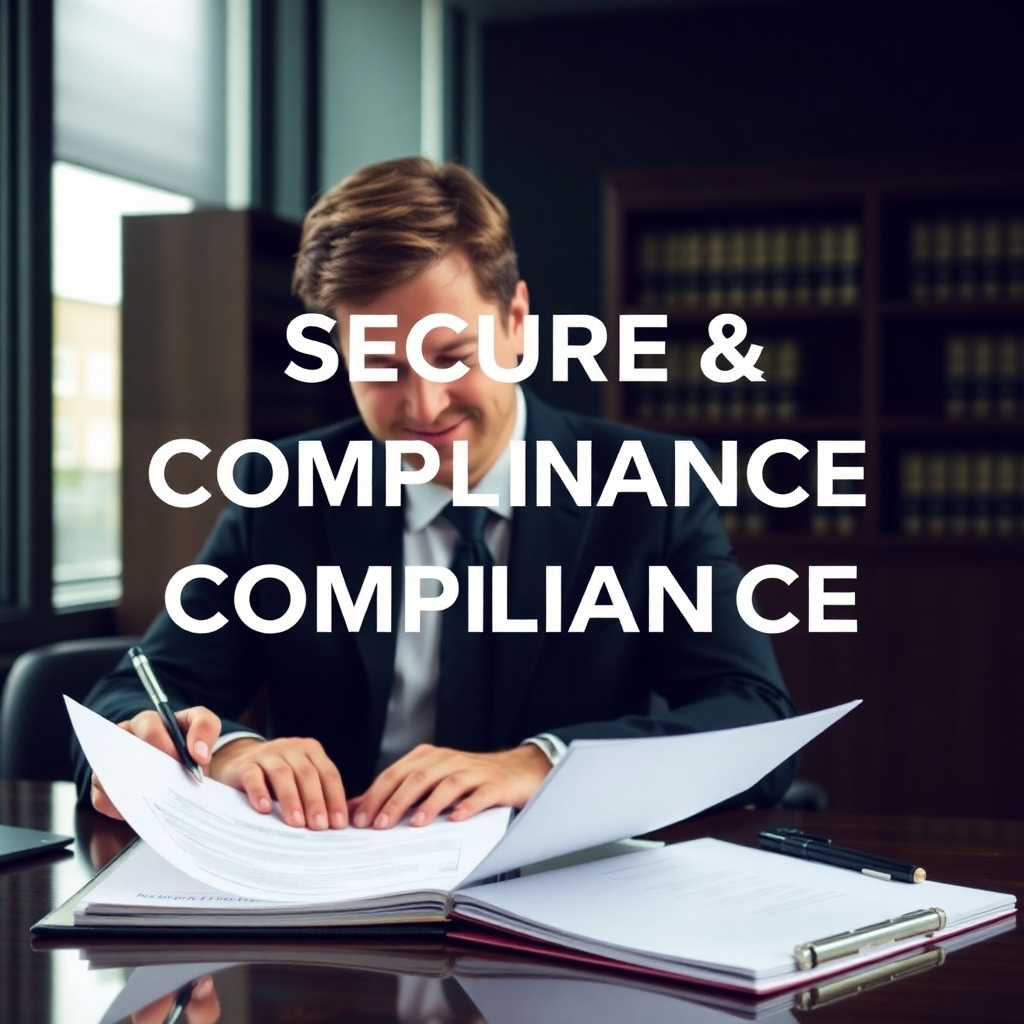 An image showing a professional lawyer reviewing documents while emphasizing secure and compliance-focused work.